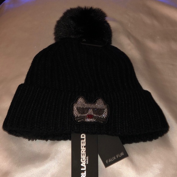 Karl Lagerfeld Paris Black Ribbed Beanie Choupette Patch Faux Fur Pom Pom OS NWT - Picture 6 of 16